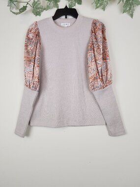 THML Size XS Ribbed Paisley Balloon Sleeve Beige Multi Stretch Pullover Boho Top